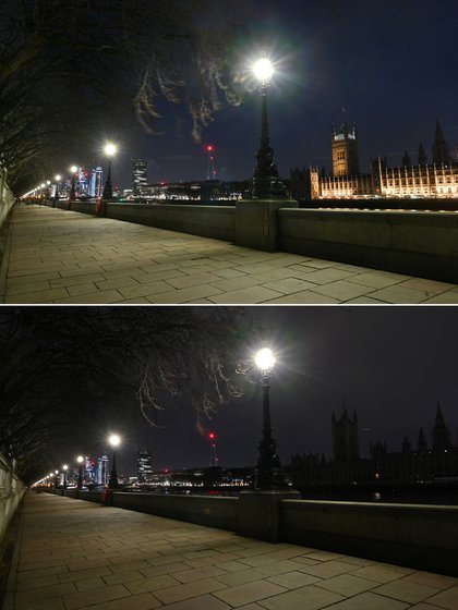 A set of photos taken on March 27, 2021 in central London show Westminster Palace, home to both houses of Parliament including the House of Lords and the House of Commons, before (above) and after plunging into darkness at Earth Hour's environmental campaign.